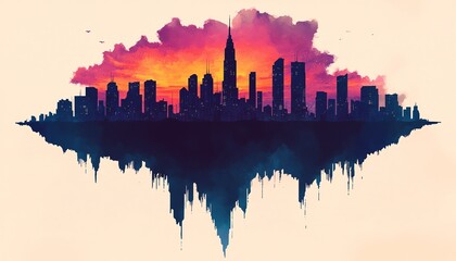 Obraz premium A stunning skyline silhouette reflecting a vibrant sunset with dramatic clouds, showcasing urban architecture and creativity.