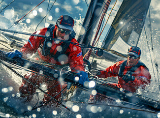 An extreme sports photo of team racing on catamaran, captain and crew member wearing red uniforms and blue gloves sitting behind an ultra light boat,  dynamic movement and energy in the sport 