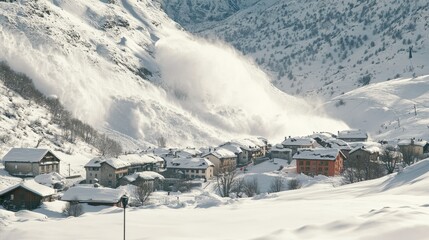 A powerful avalanche descends on a quaint mountain village, blanketed in fresh snow
