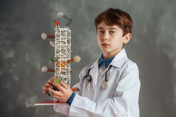 Young caucasian boy dressed as doctor holds model of a cell phone with green and red heart. Concentrated boy in white lab coat, stethoscope, against gray background.