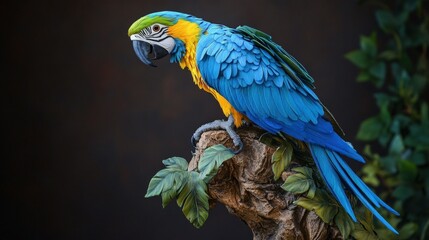 Obraz premium A vibrant blue and yellow macaw parrot perched on a branch with green leaves against a dark background.