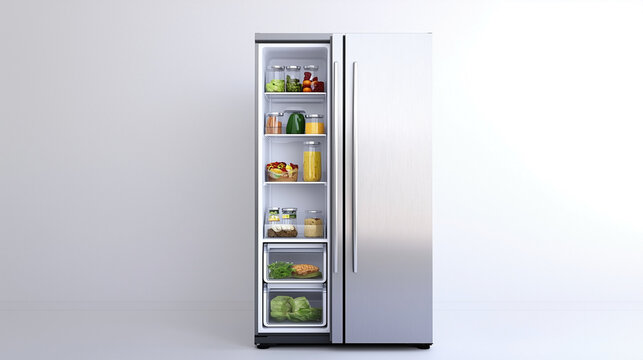 A silver refrigerator with a lot of food inside