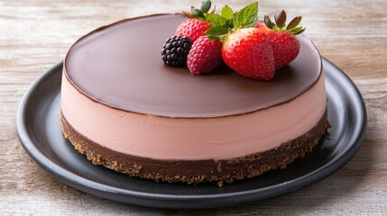 Delicious chocolate cake topped with fresh strawberries and blackberries on a wooden surface.