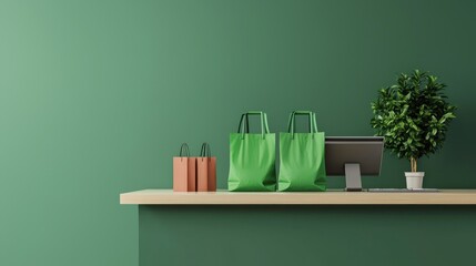 A minimalist retail counter with green bags, potted plant, and two brown packages against a vibrant green wall.