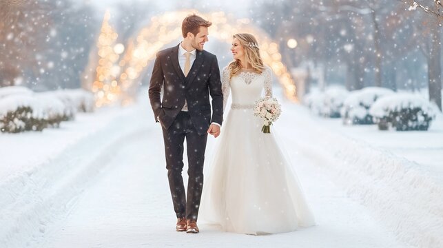 Joyful Bride and Groom Strolling Arm-in-Arm in a Magical Winter Wonderland