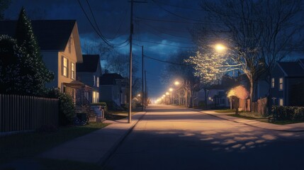 Obraz premium A quiet residential street at midnight, illuminated by soft, glowing streetlights and empty sidewalks.