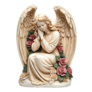 Angel sculpture with roses, isolated on white background