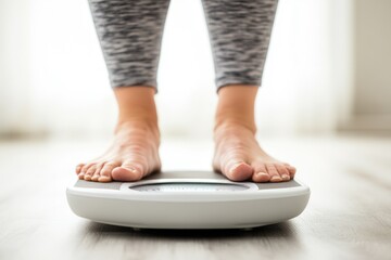 A woman stands on a bathroom scale, weighing herself.