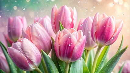 Fototapeta premium Pink tulips with water droplets under soft light. Rain-kissed Pink Tulips.