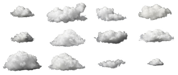 Collection of fluffy cumulus clouds in various shapes, isolated on transparent background, Generative AI