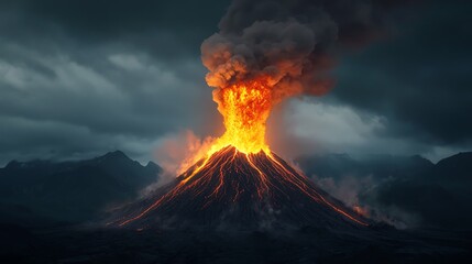 Fototapeta premium A dramatic eruption of a volcano, showcasing lava flow and ash clouds against a dark, moody sky.