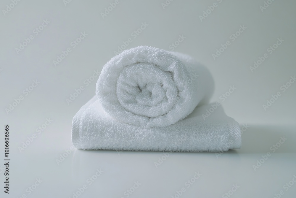 Poster A white towel rolled up and placed on a table, suitable for use in various settings.