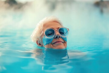 Naklejka premium Woman wearing goggles and flotation device in a pool of water, suitable for use in sport or leisure illustrations.