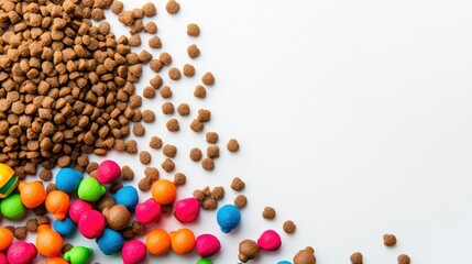 Top view of dry dog food and colorful toys, clean white background with space for messaging or branding