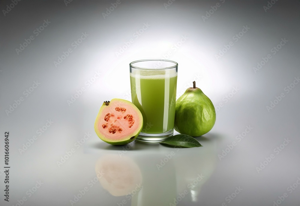 Poster A glass of guava juice with a whole guava and a sliced guava next to it on a white surface.