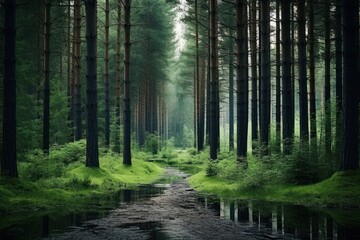 Obraz premium Deep pine forest background landscape woodland outdoors.