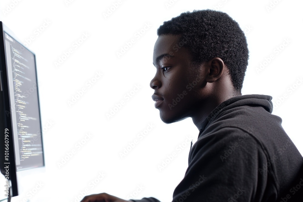 Aufkleber A person sitting in front of a computer monitor with a focused expression, suitable for use in presentations or social media posts about technology and work.