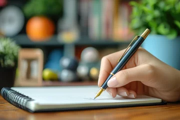 A hand gripping a pen, writing goals in a notebook, with motivational quotes blurred in the background on a desk filled with inspirational items