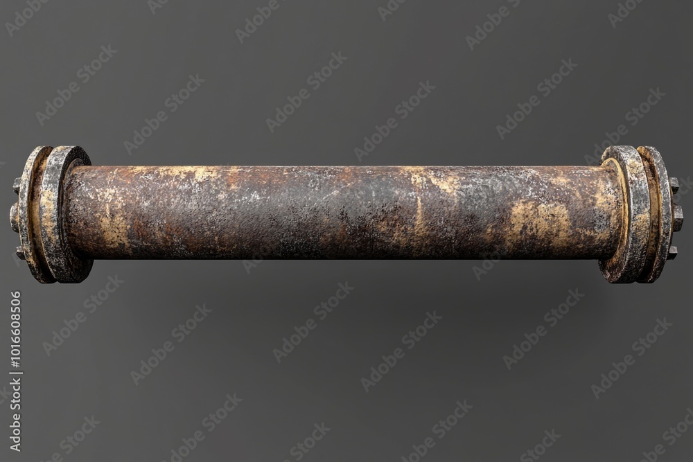 Poster a close-up shot of a rusty pipe against a gray background, suitable for industrial or mechanical-the