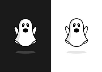 Scary spooky cute ghost character/icon on halloween. Black and white background. vector, horror