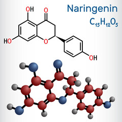 Naringenin molecule. A flavonoid found in citrus fruits with antioxidant and anti-inflammatory properties. Vector