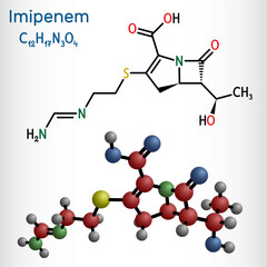 Imipenem molecule. A broad-spectrum carbapenem antibiotic used to treat severe bacterial infections. Structural chemical formula, molecule model. Vector