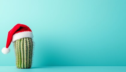 A festive cactus wearing a Santa hat against a turquoise background, perfect for holiday-themed decorations.
