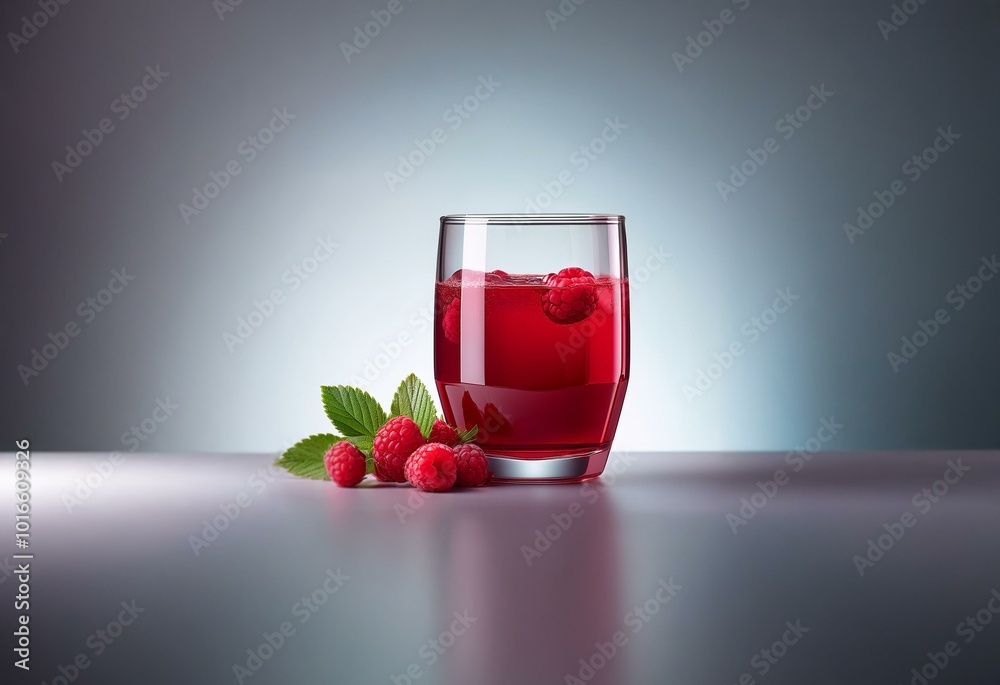 Poster a glass of red juice with raspberries floating in it, with several fresh raspberries on a table.