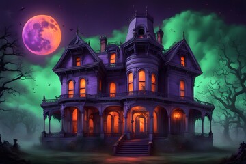 A haunted house with glowing windows bats flying in a vibrant orange and purple sky, Ai Generated