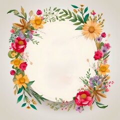 Watercolor floral wreath with blank circle in the center for text or design.