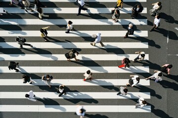 Japanese people walking across the zebra crossing in tokyo adult road infrastructure.