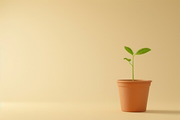 Obraz premium A small green plant sprouts from a terracotta pot against a beige background, symbolizing growth and new beginnings.