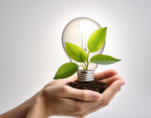 Concepto de ahorro energetico con unas manos sosteniendo una planta verde y una bombilla