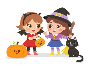 Kid dressed in Halloween costumes to standing together and talkingwith a cat. Characters in spooky holiday.