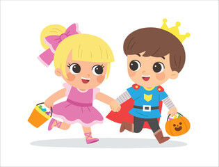 Kid dressed in Halloween costumes to go Trick or Treating. Characters in spooky holiday.