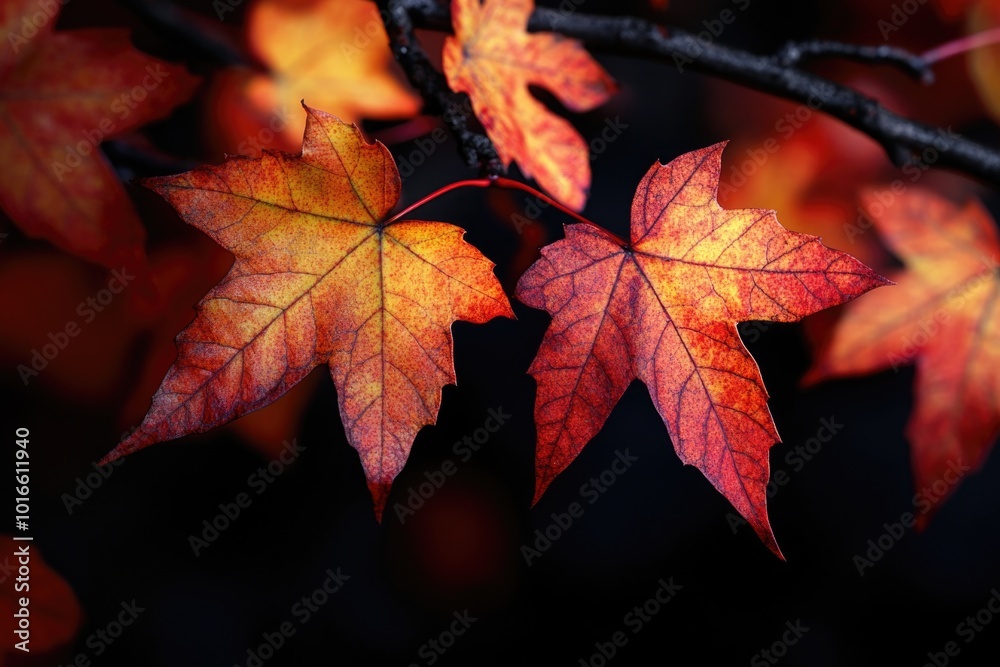 Canvas Prints Close-up view of two interconnected leaves on a tree branch.