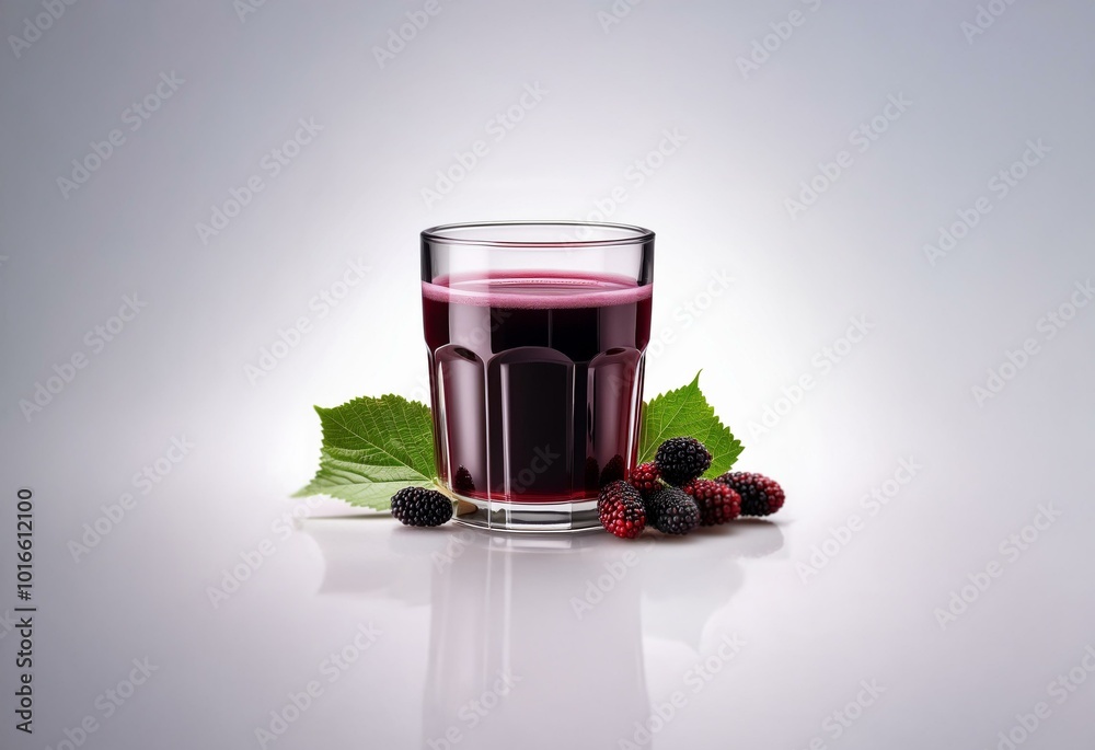 Poster a glass of dark red juice with blackberries and a green leaf in front of it.