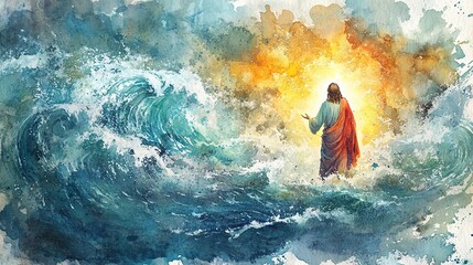 Fototapeta premium A serene depiction of a figure standing confidently amidst turbulent waves, symbolizing peace and divine intervention in chaos.