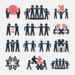 Business Teamwork and Collaboration Icons - Puzzle and Group Concepts