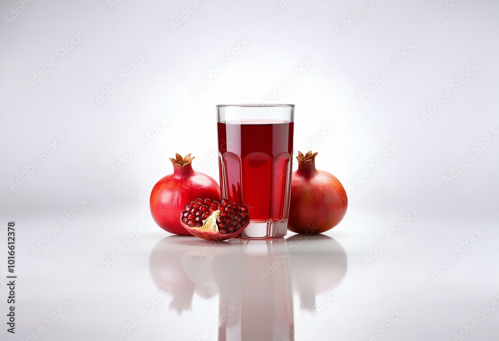 Poster a glass of pomegranate juice with two whole pomegranates and a half on a white reflective surface.