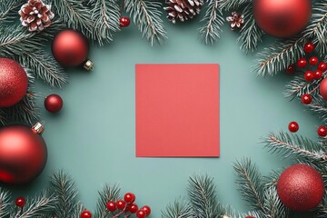 Modello estetico di mockup di Natale e Capodanno con ghirlanda di rami di abete con decorazioni rosse e carta quadrata rossa con spazio per testo