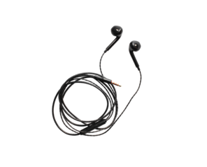 Black wired headphones isolated on white background. Modern gadgets for communication