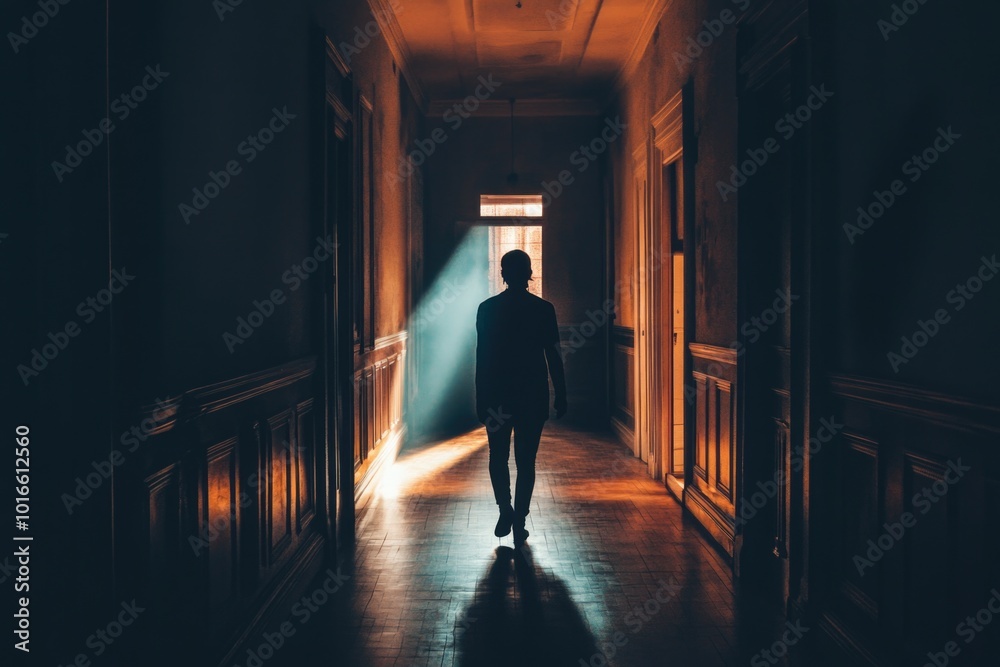 Poster a person stands in a dimly lit hallway, illuminated by light from outside through the window.