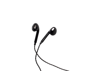 Black wired headphones isolated on white background. Modern gadgets for communication