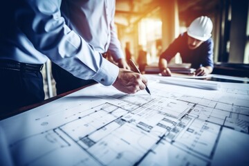 Construction site engineers blueprint working diagram.