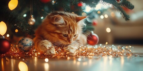 Playful Cat with Tinsel Under Christmas Tree, Cozy Living Room Ambience, Festive Spirit, Whimsy and Joy in the Holiday Season