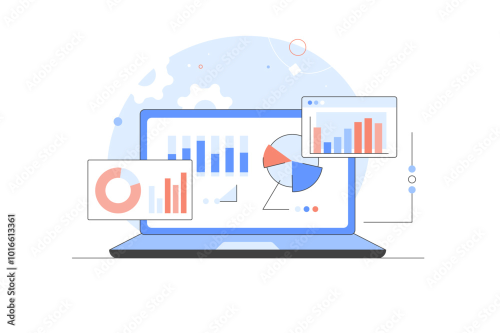 Poster a laptop screen showing a detailed chart representing data analysis and storage analysis of data sto