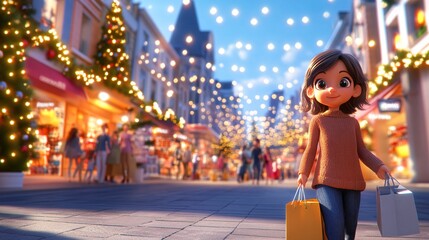 Obraz premium Young Woman Enjoys Holiday Shopping in Festive, Lively, Decorated Street Scene