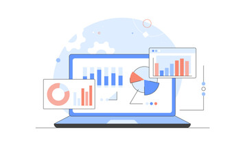 A laptop screen showing a detailed chart representing data analysis and storage analysis of data storage. Collecting business data abstract concept vector flat illustration