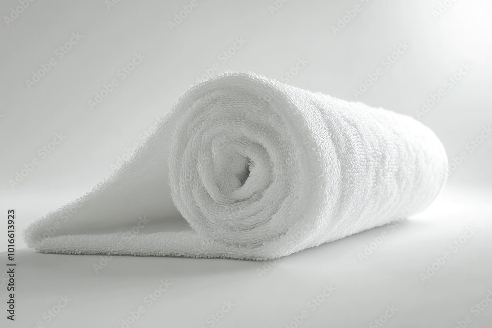 Poster roll of white towels placed on a white surface, ready for use.